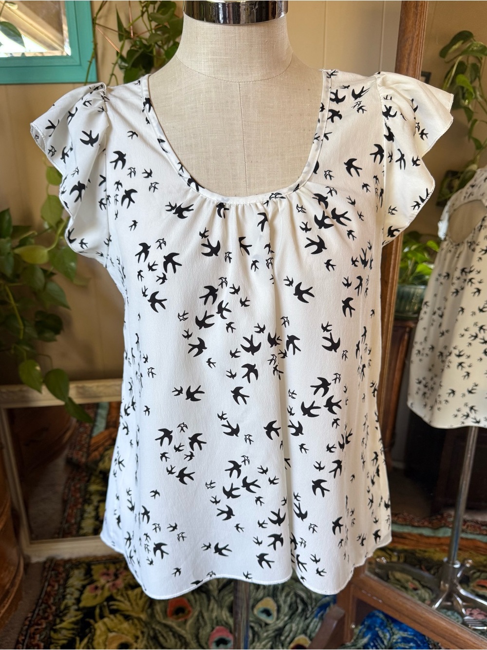 Mauve White Scoop-Neck Bird Print Flutter Sleeve Top, XL